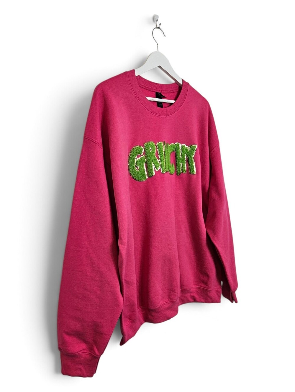 Gildan Sweatshirt XL Grinchy Chenille Christmas Holiday Crewneck Hot Pink Green